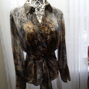 AGORA Semi Sheer Print Button Blouse (M)